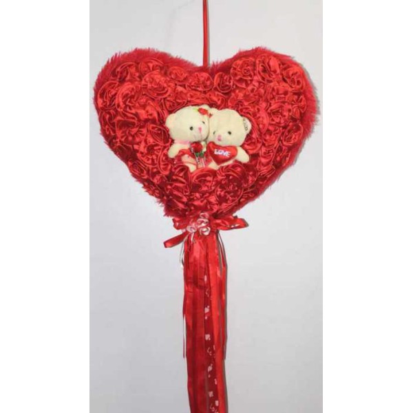 Red Satan Roses Plush Heart with Cute Love Couple Teddy Bears